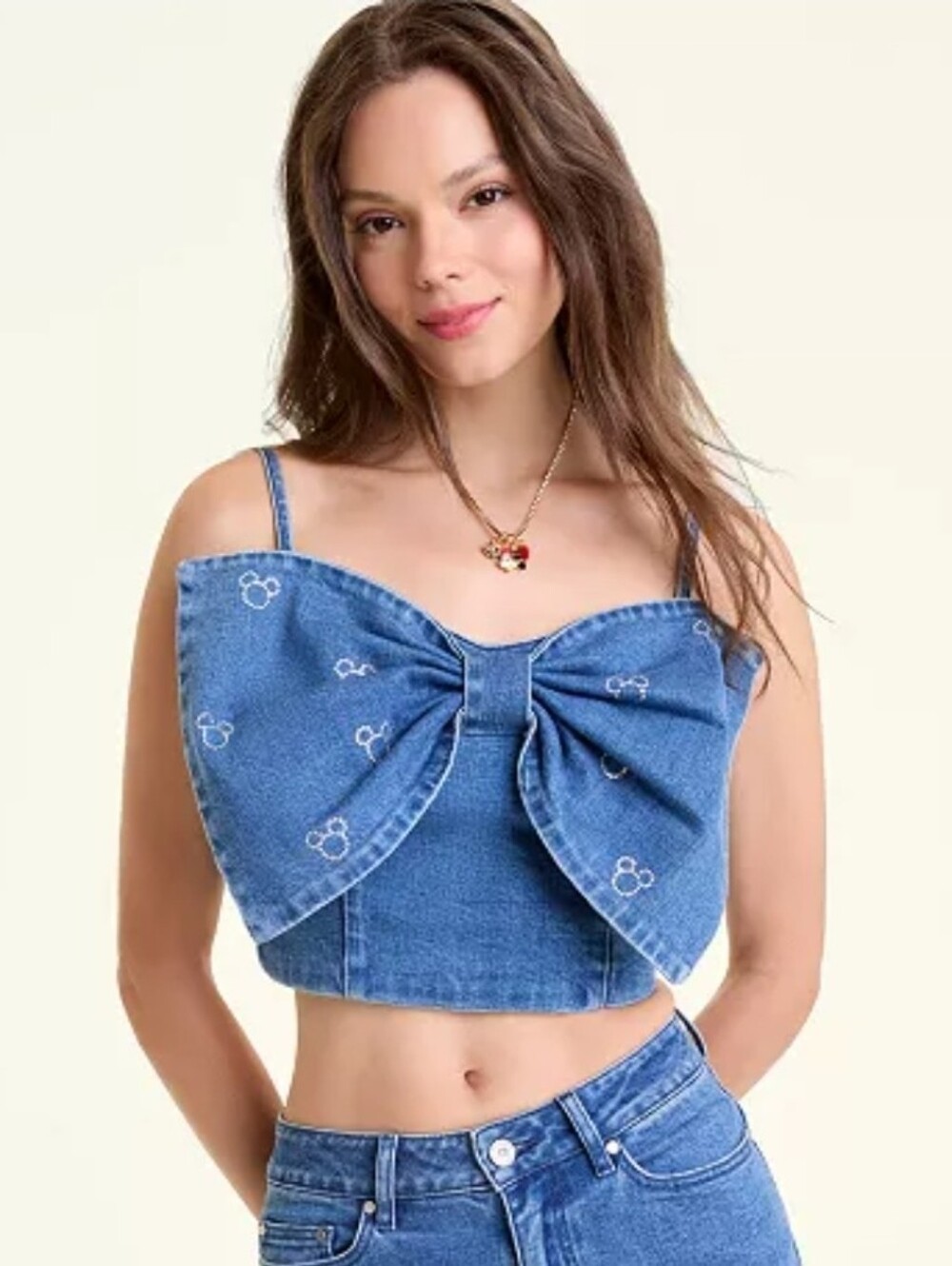 Disney Denim Minnie Mouse Bow Top Embellished Crystals by Swarovski Size L NWT
